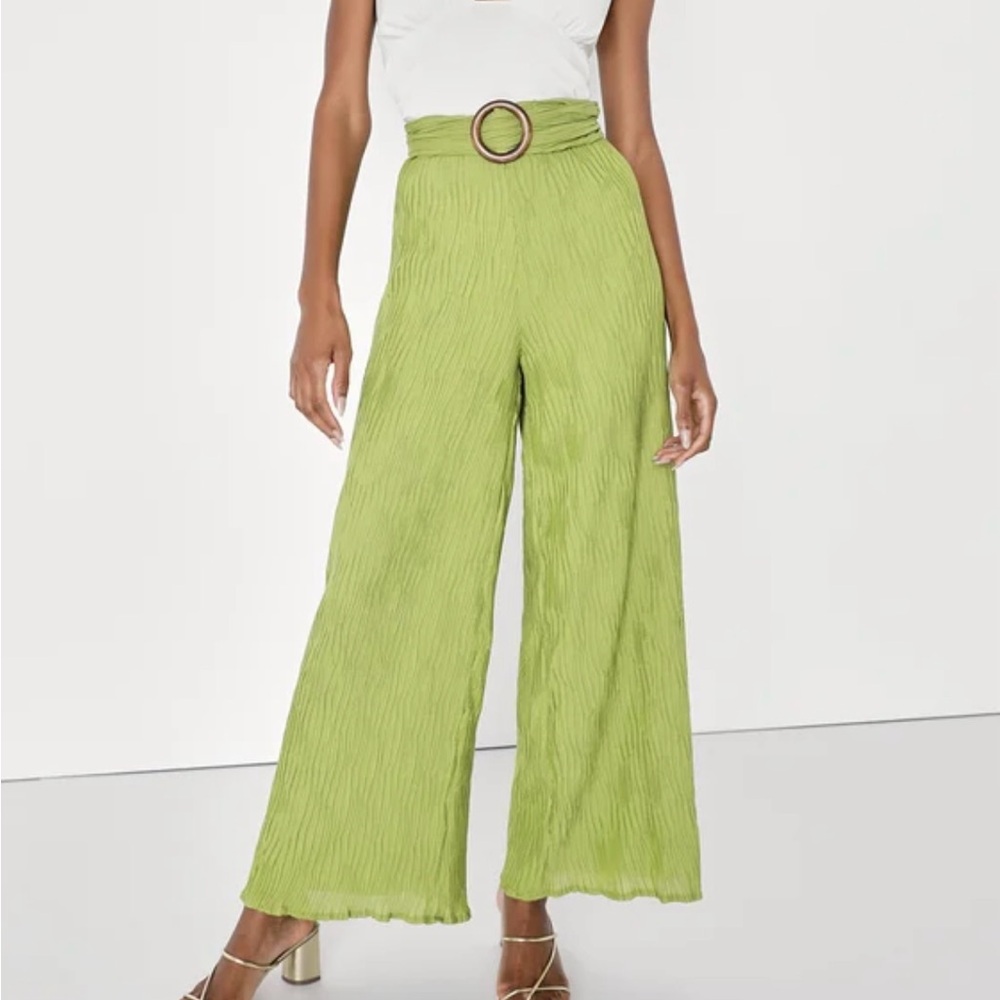 Lulus Lime Green Plisse Belted Wide Leg Pants